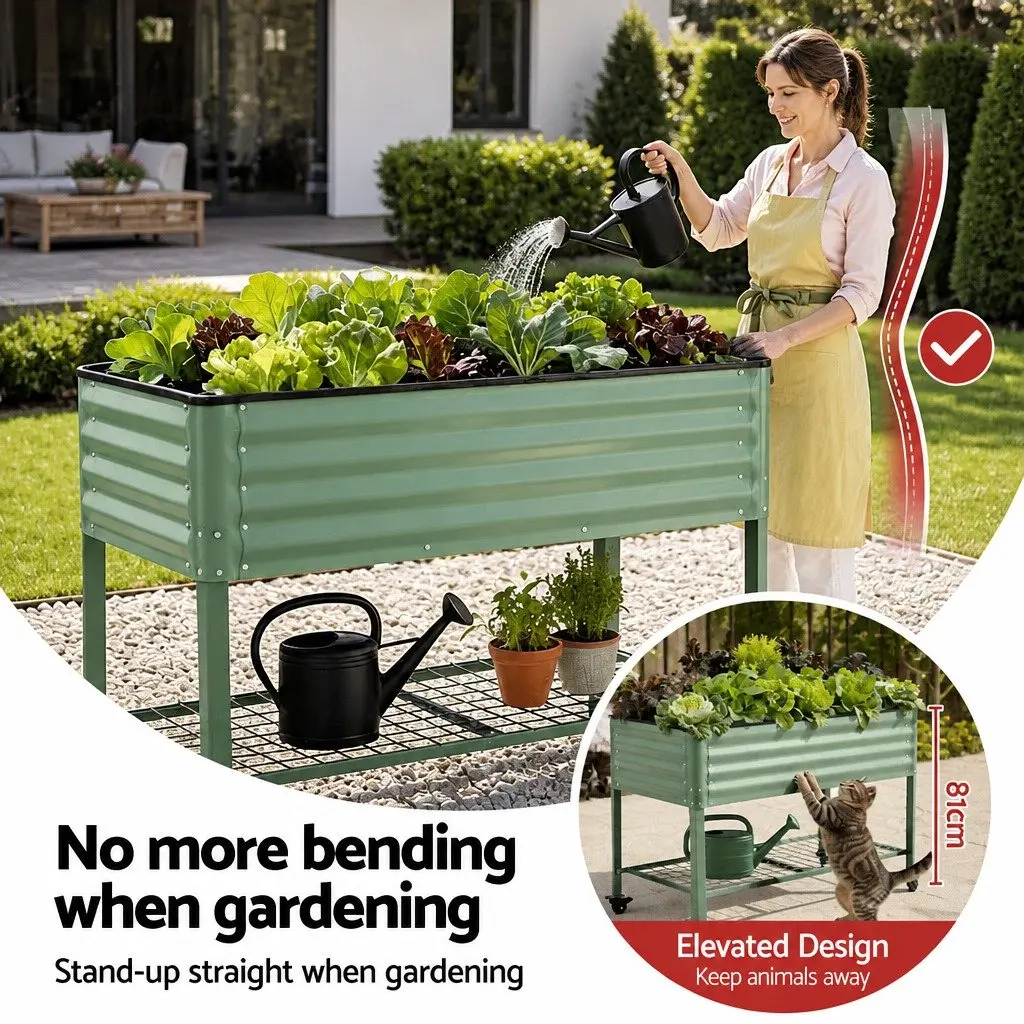 Elevated Garden Bed Galvanized Steel 115cm x 60cm x 81cm Green with Locking Wheels and Storage Shelf