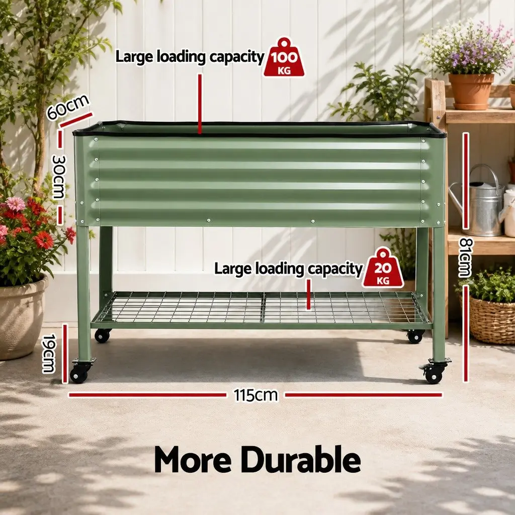 Elevated Garden Bed Galvanized Steel 115cm x 60cm x 81cm Green with Locking Wheels and Storage Shelf