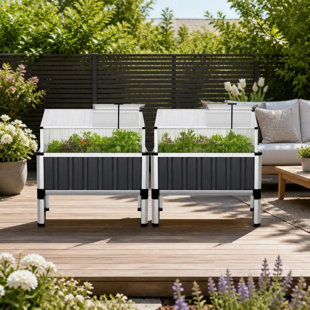 Raised Garden Bed x2 80x49x74cm Greenhouse Planter Polycarbonate Roof Herbs