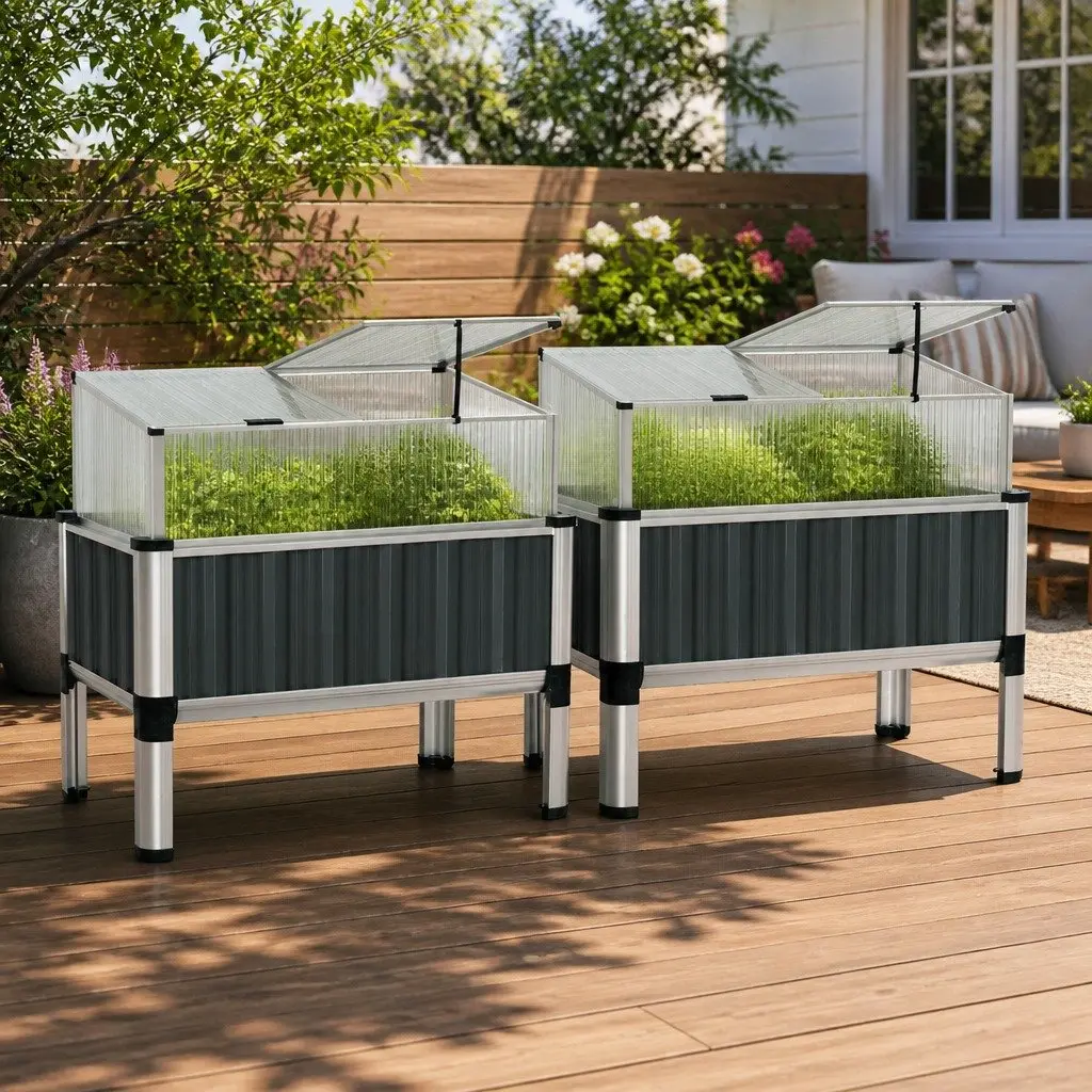 Raised Garden Bed Galvanized Steel Aluminium Frame 80x49x74cm Aluminium Grey Polycarbonate Roof