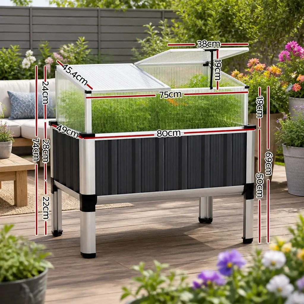 Raised Garden Bed Galvanized Steel Aluminium Frame 80x49x74cm Aluminium Grey Polycarbonate Roof