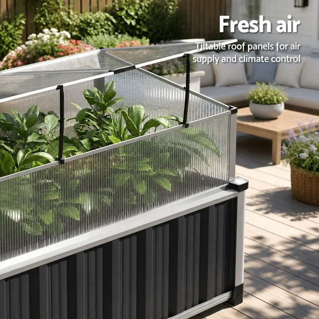 Raised Garden Bed Galvanized Steel Aluminium Frame 80x49x74cm Aluminium Grey Polycarbonate Roof