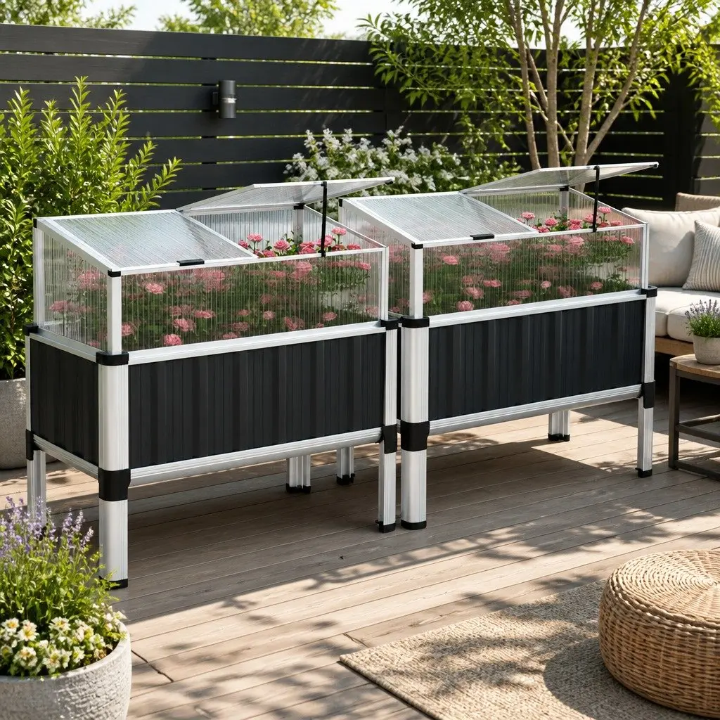 Raised Garden Bed Galvanized Steel Aluminium Frame 80x49x74cm Aluminium Grey Polycarbonate Roof