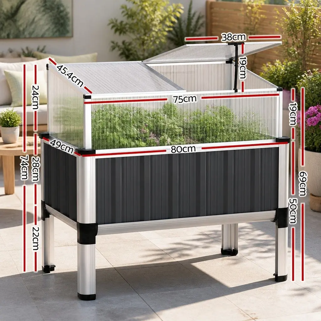 Raised Garden Bed Aluminium Grey 80x49x74cm with Integrated Greenhouse Protection