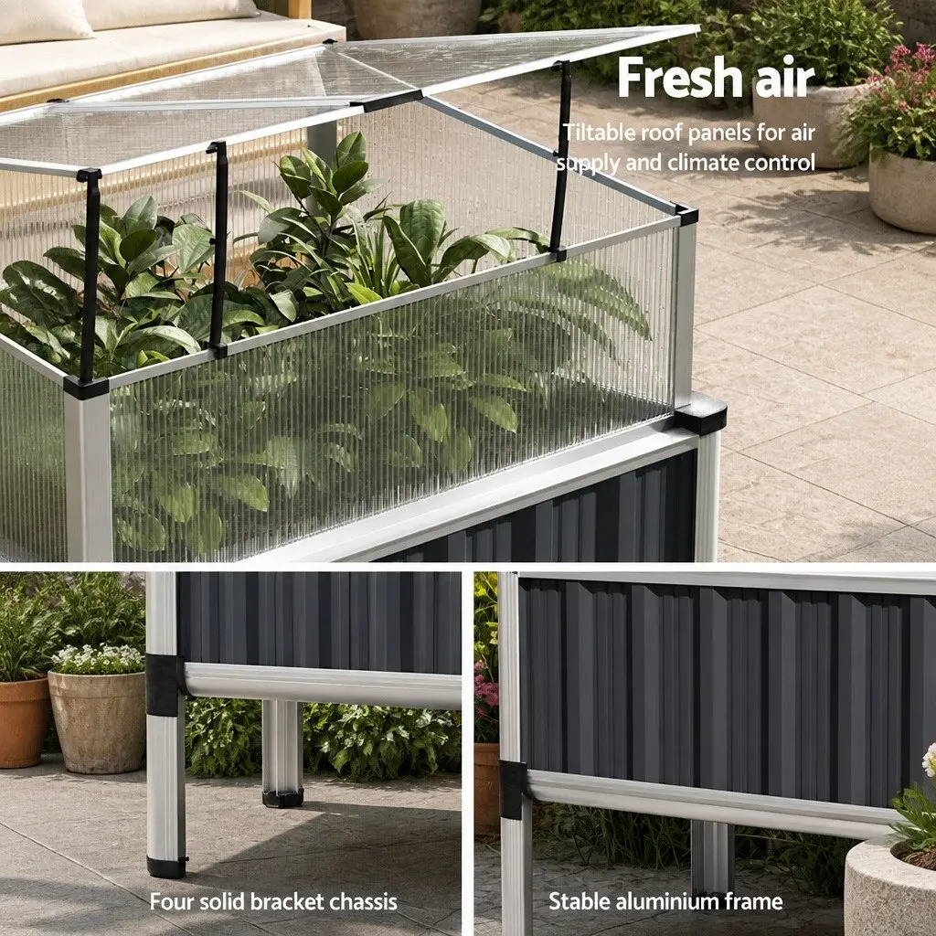 Raised Garden Bed Aluminium Grey 80x49x74cm with Integrated Greenhouse Protection