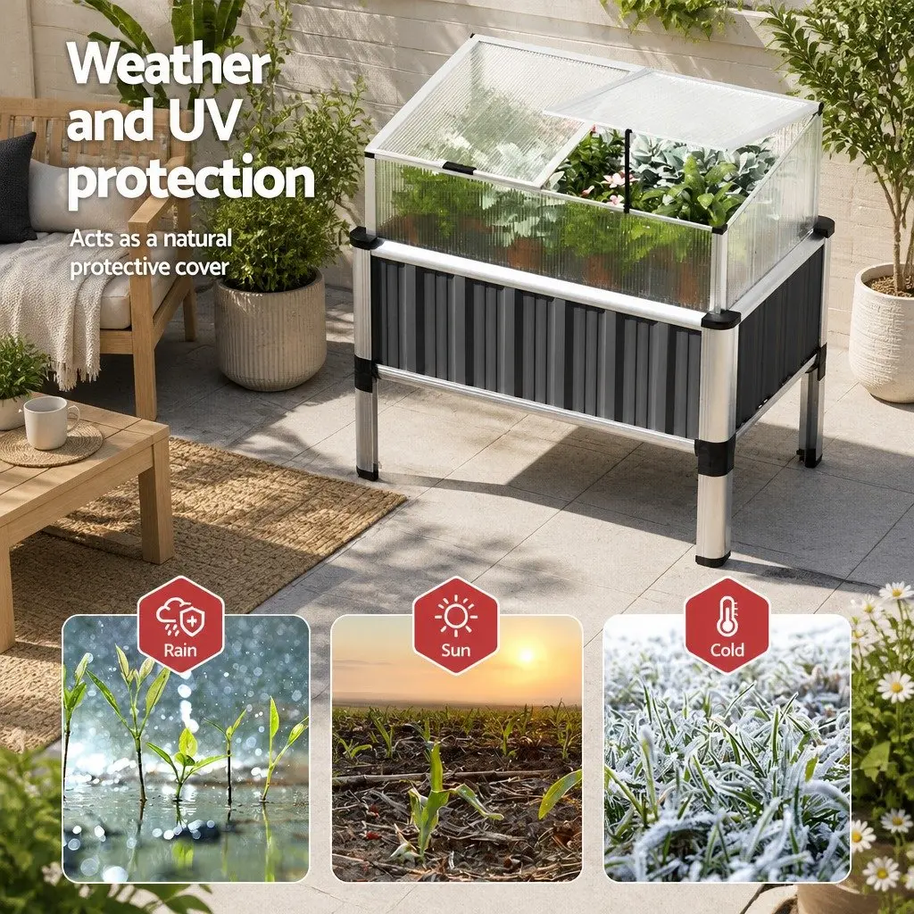 Raised Garden Bed Aluminium Grey 80x49x74cm with Integrated Greenhouse Protection