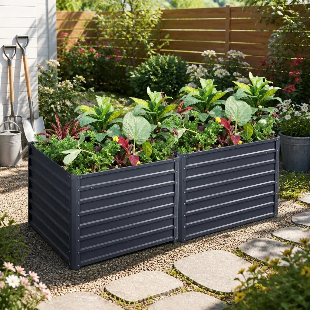 Raised Garden Bed Planter Box Galvanised Steel Aluminium Grey 100x100x77cm Outdoor Container