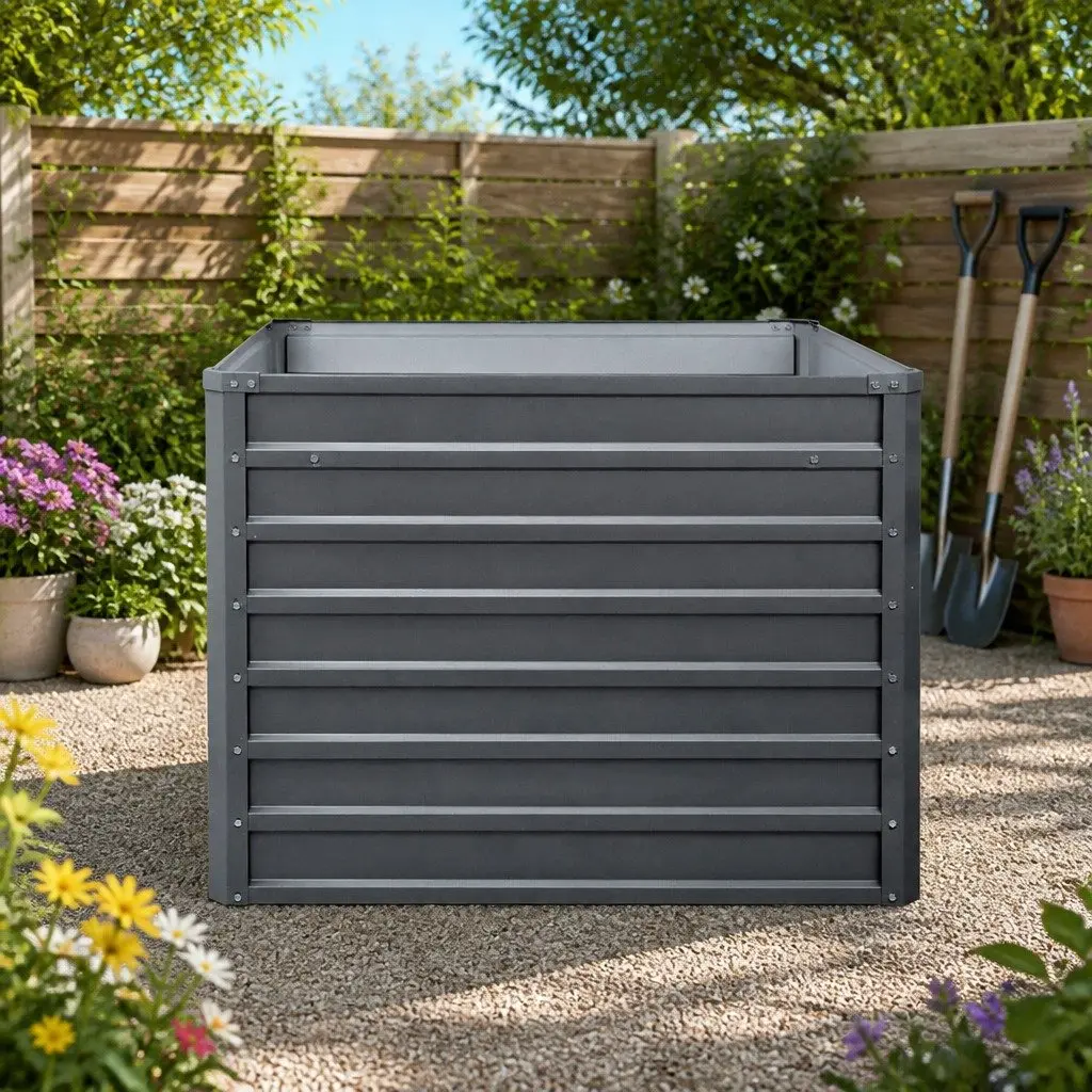 Raised Garden Bed Planter Box Galvanised Steel Aluminium Grey 100x100x77cm Outdoor Container
