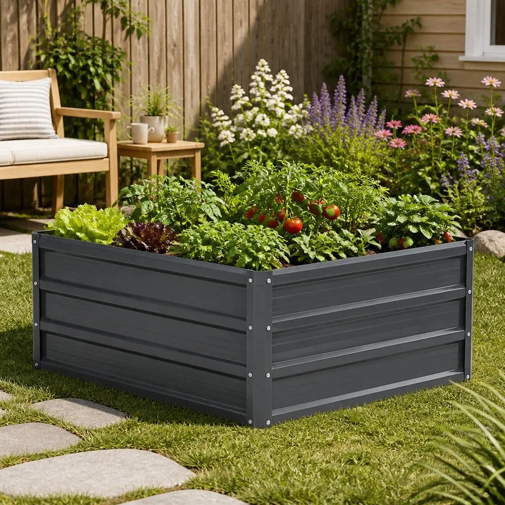 Garden Bed Planter Box Aluminium Grey Galvanised Steel 130x130x46cm Set of 2