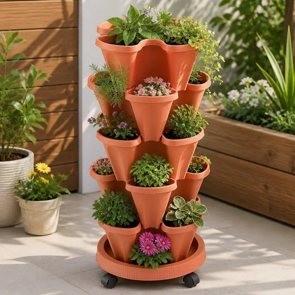 5-Tier Stackable Planter Plastic 35cm W x 35cm D x 75cm H Brown