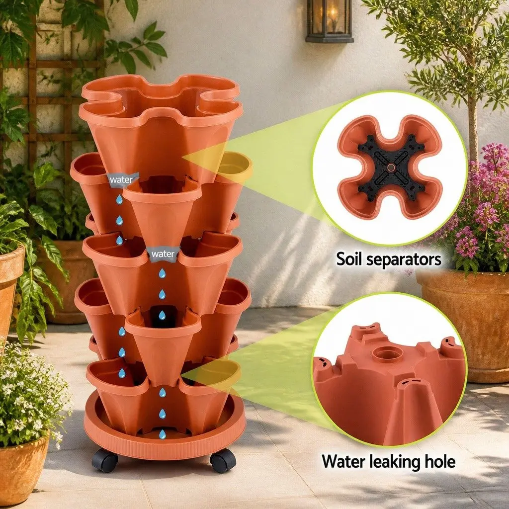 5-Tier Stackable Planter Plastic 35cm W x 35cm D x 75cm H Brown