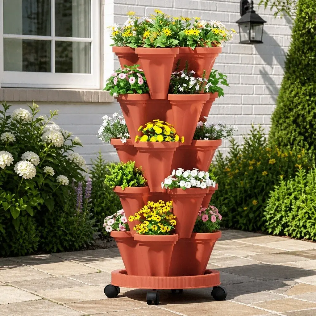 5-Tier Stackable Planter Plastic 35cm W x 35cm D x 75cm H Brown