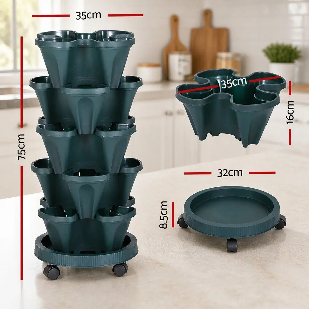 5 Tier Stackable Vertical Garden Planter Set Plastic Dark Green Indoor Outdoor