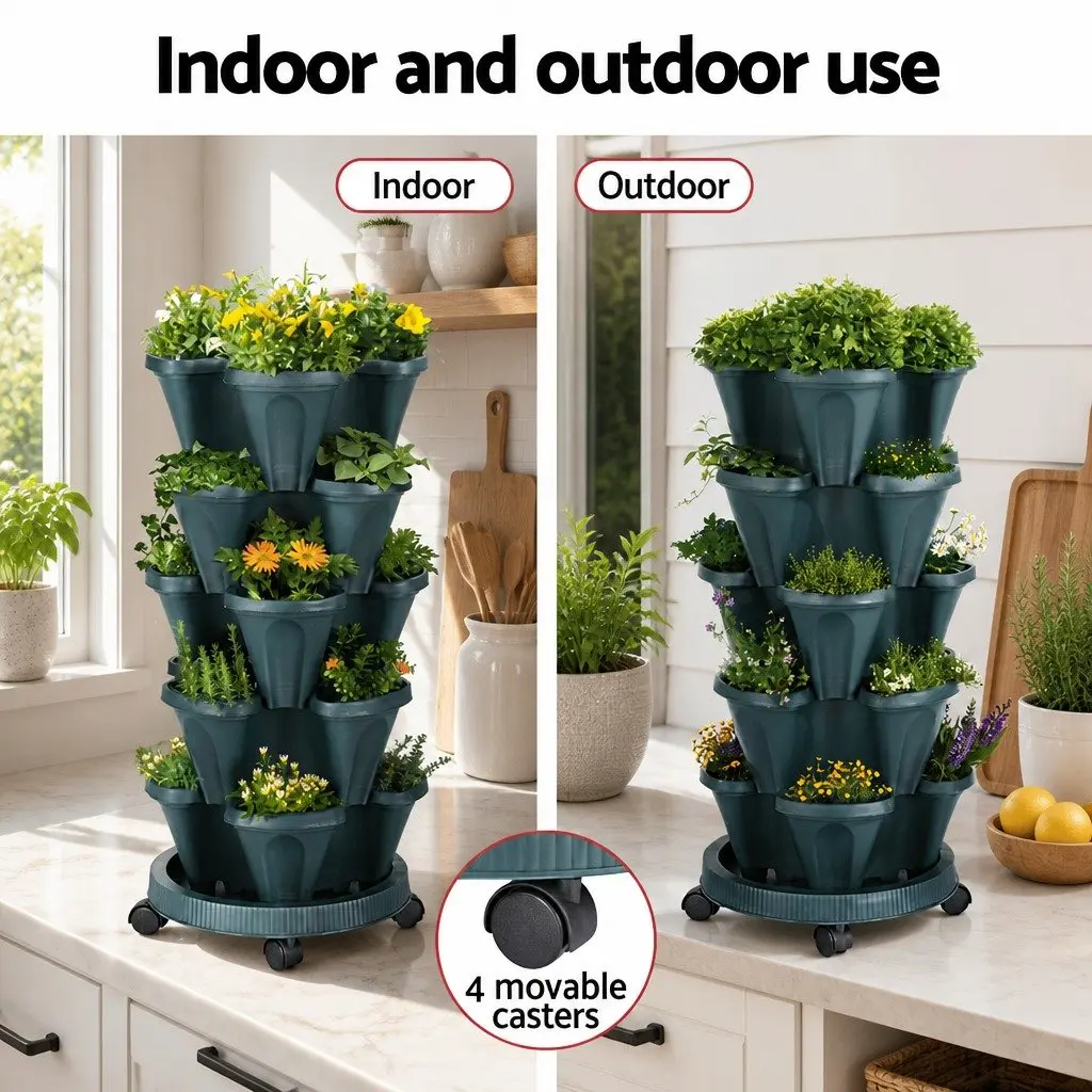 5 Tier Stackable Vertical Garden Planter Set Plastic Dark Green Indoor Outdoor