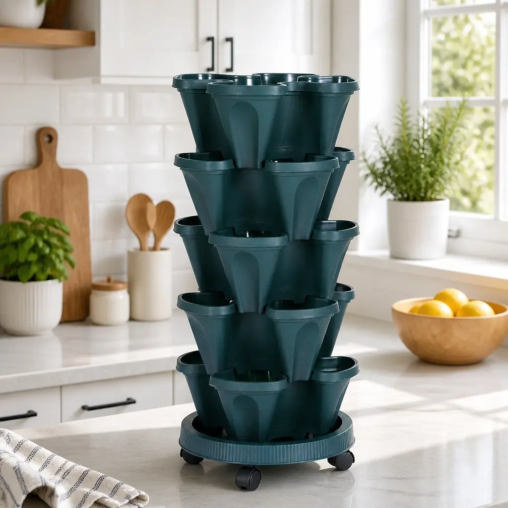 5 Tier Stackable Vertical Garden Planter Set Plastic Dark Green Indoor Outdoor