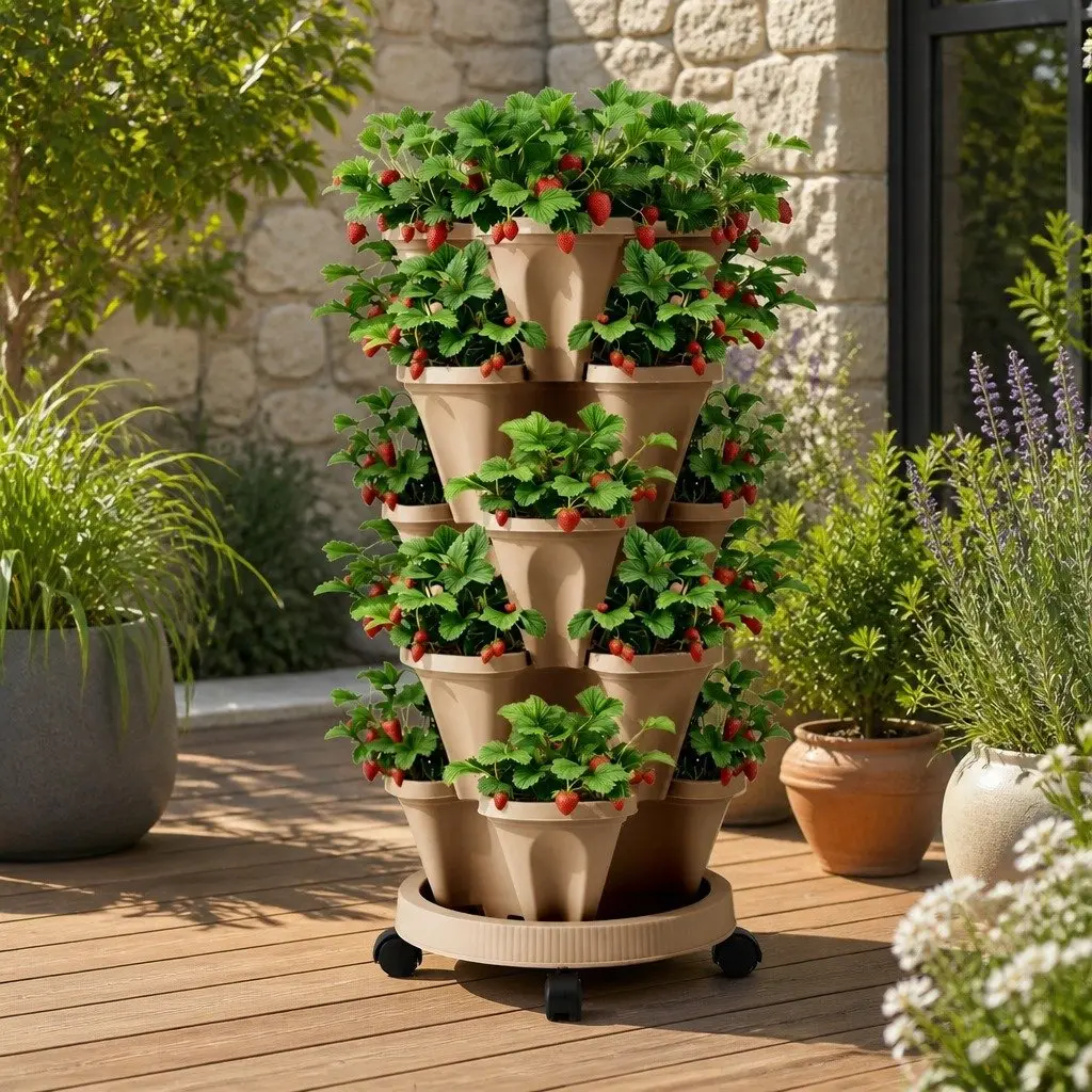 5 Tier Stackable Vertical Garden Bed Planter Plastic Tan Indoor Outdoor Herbs