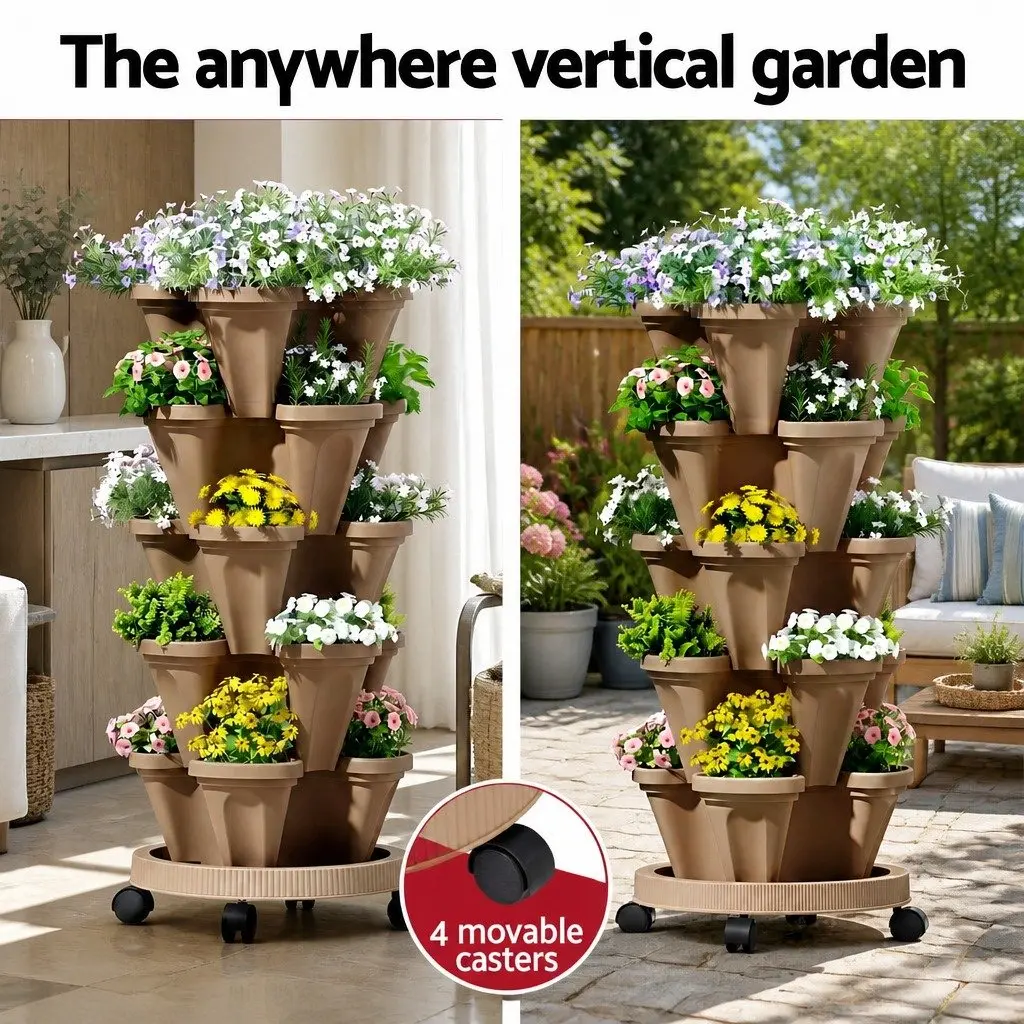 5 Tier Stackable Vertical Garden Bed Planter Plastic Tan Indoor Outdoor Herbs