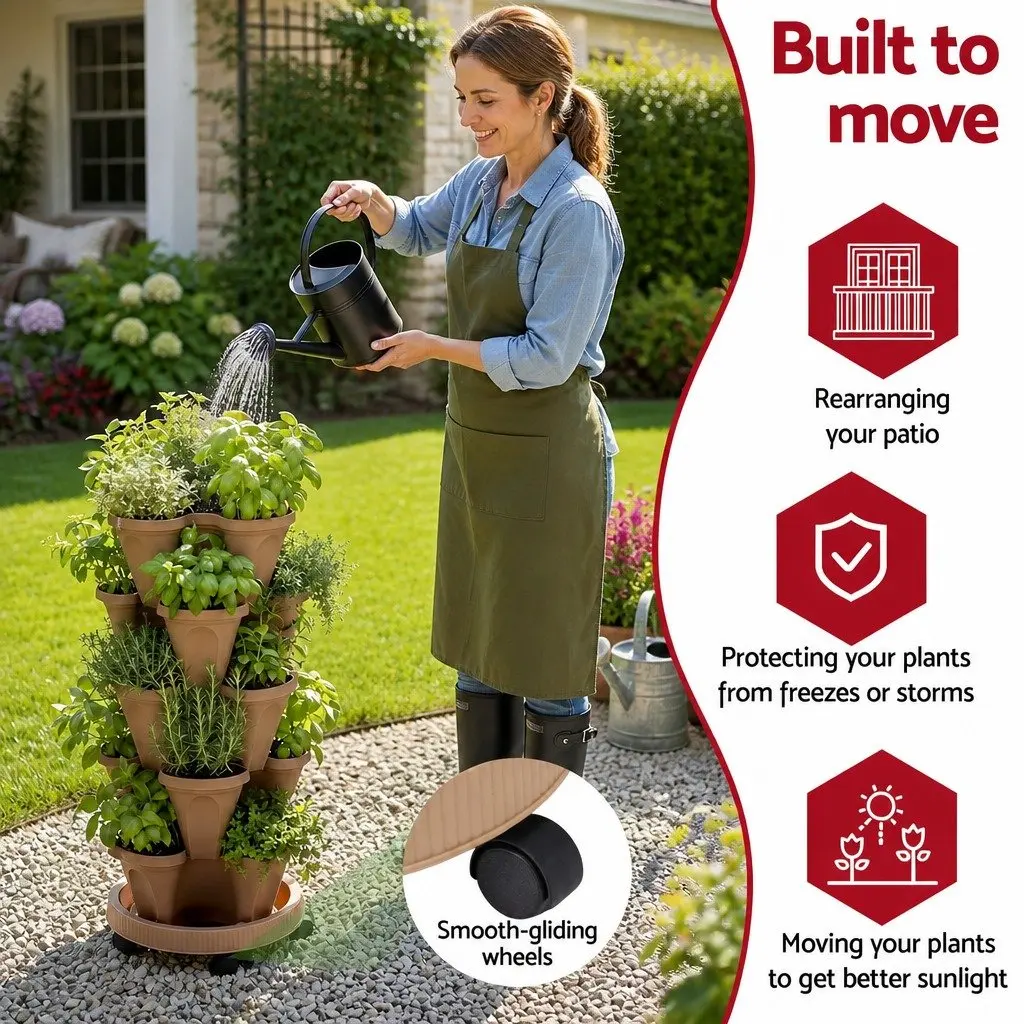 5 Tier Stackable Vertical Garden Bed Planter Plastic Tan Indoor Outdoor Herbs