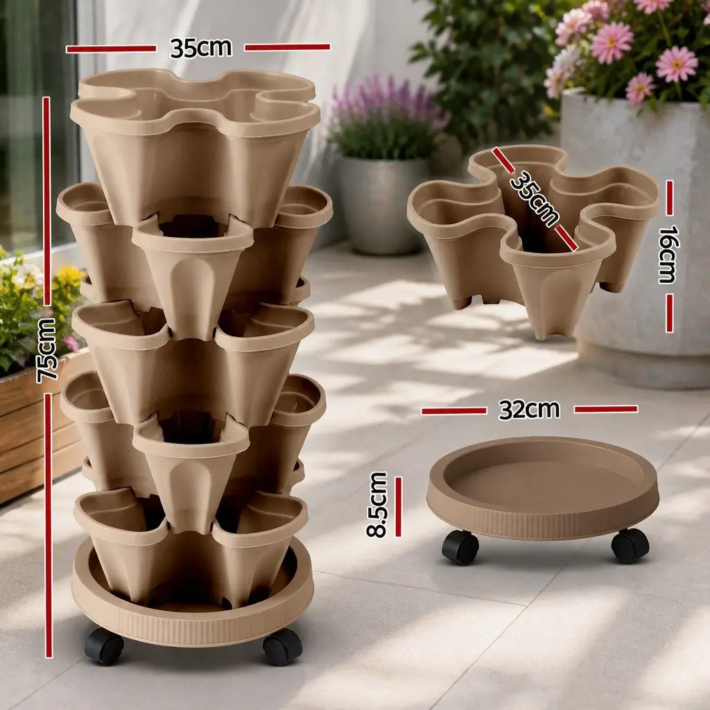 5 Tier Stackable Vertical Garden Bed Planter Plastic Tan Indoor Outdoor Herbs