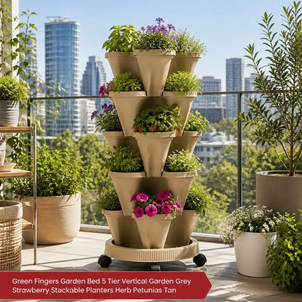 5 Tier Stackable Vertical Garden Bed Planter Plastic Tan Indoor Outdoor Herbs