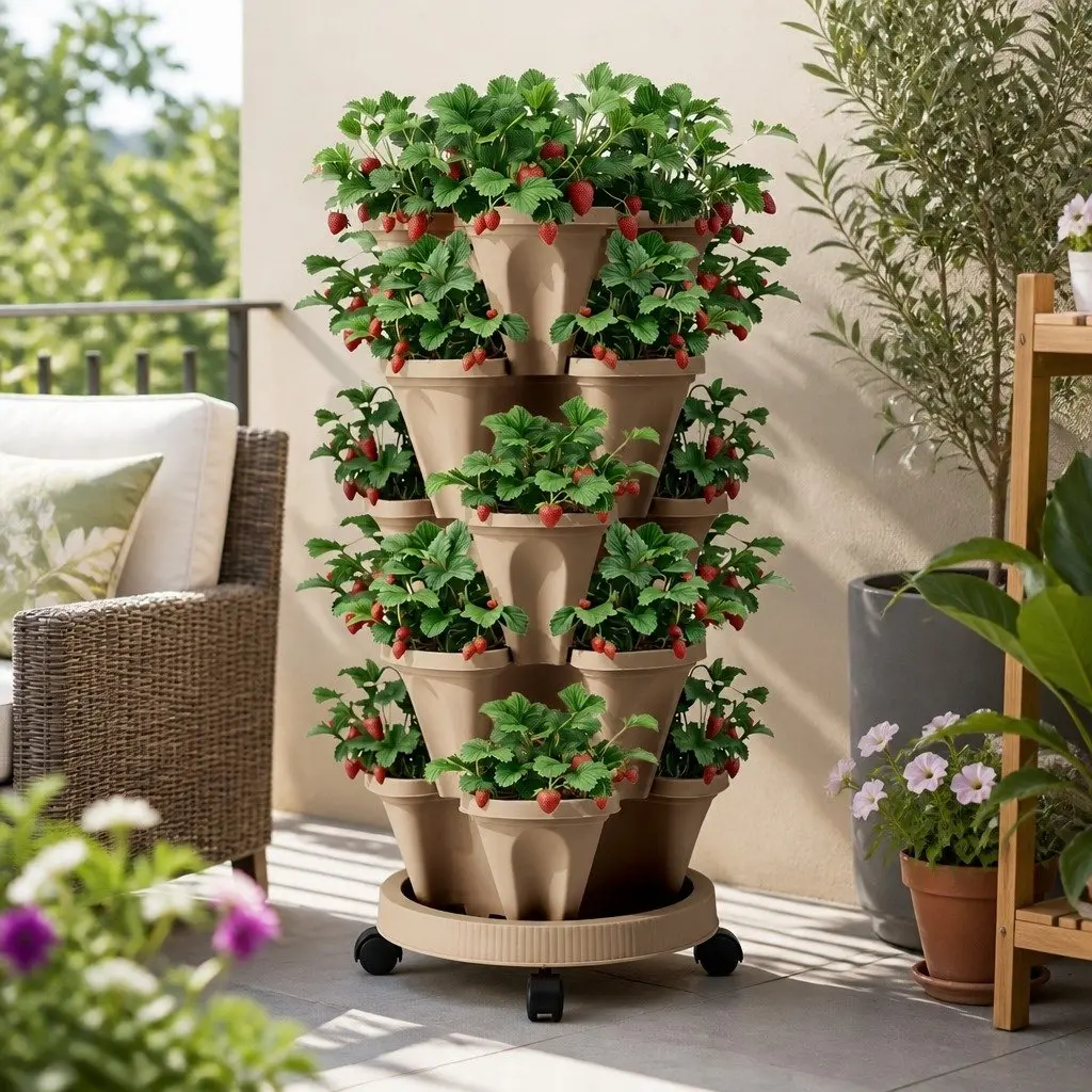5 Tier Stackable Vertical Garden Bed Planter Plastic Tan Indoor Outdoor Herbs