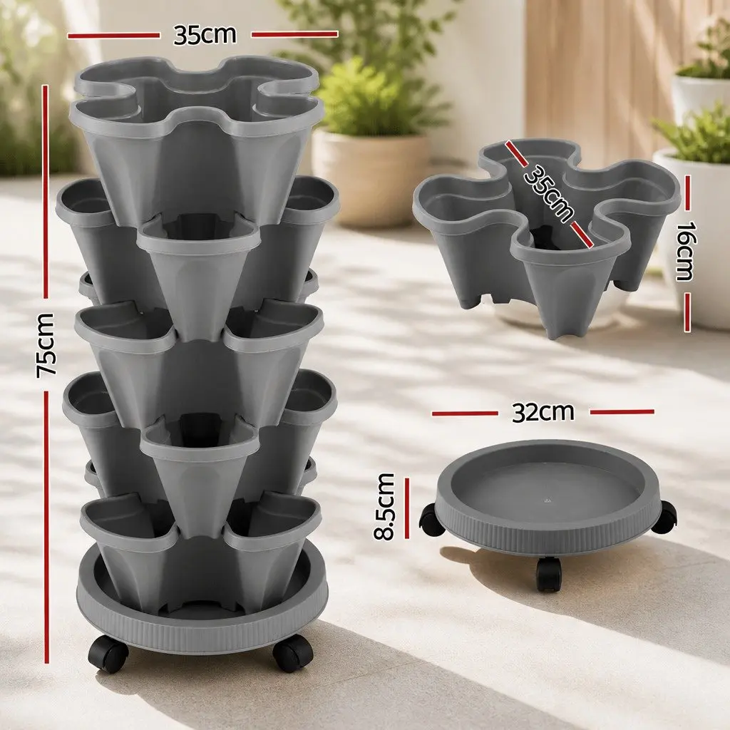 5-Tier Vertical Stackable Garden Planters Plastic 35cm Grey Indoor Outdoor