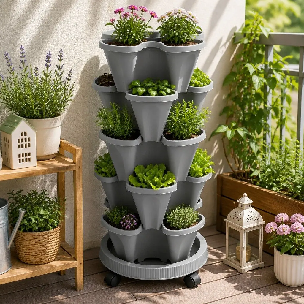 5-Tier Vertical Stackable Garden Planters Plastic 35cm Grey Indoor Outdoor