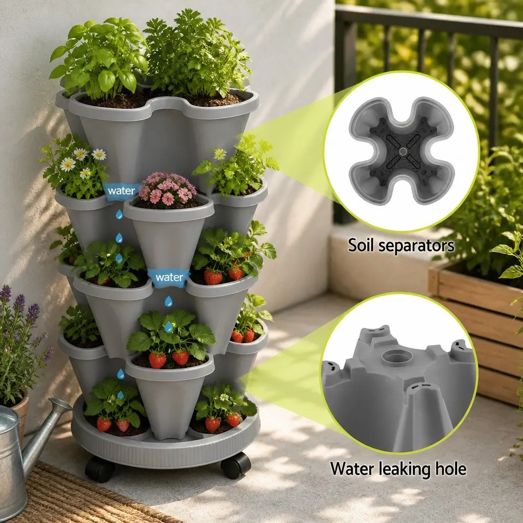 5-Tier Vertical Stackable Garden Planters Plastic 35cm Grey Indoor Outdoor