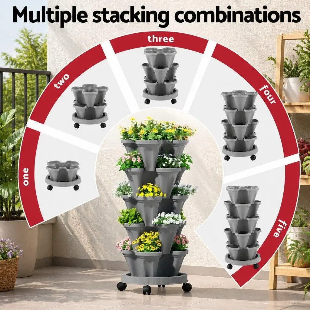 5-Tier Vertical Stackable Garden Planters Plastic 35cm Grey Indoor Outdoor