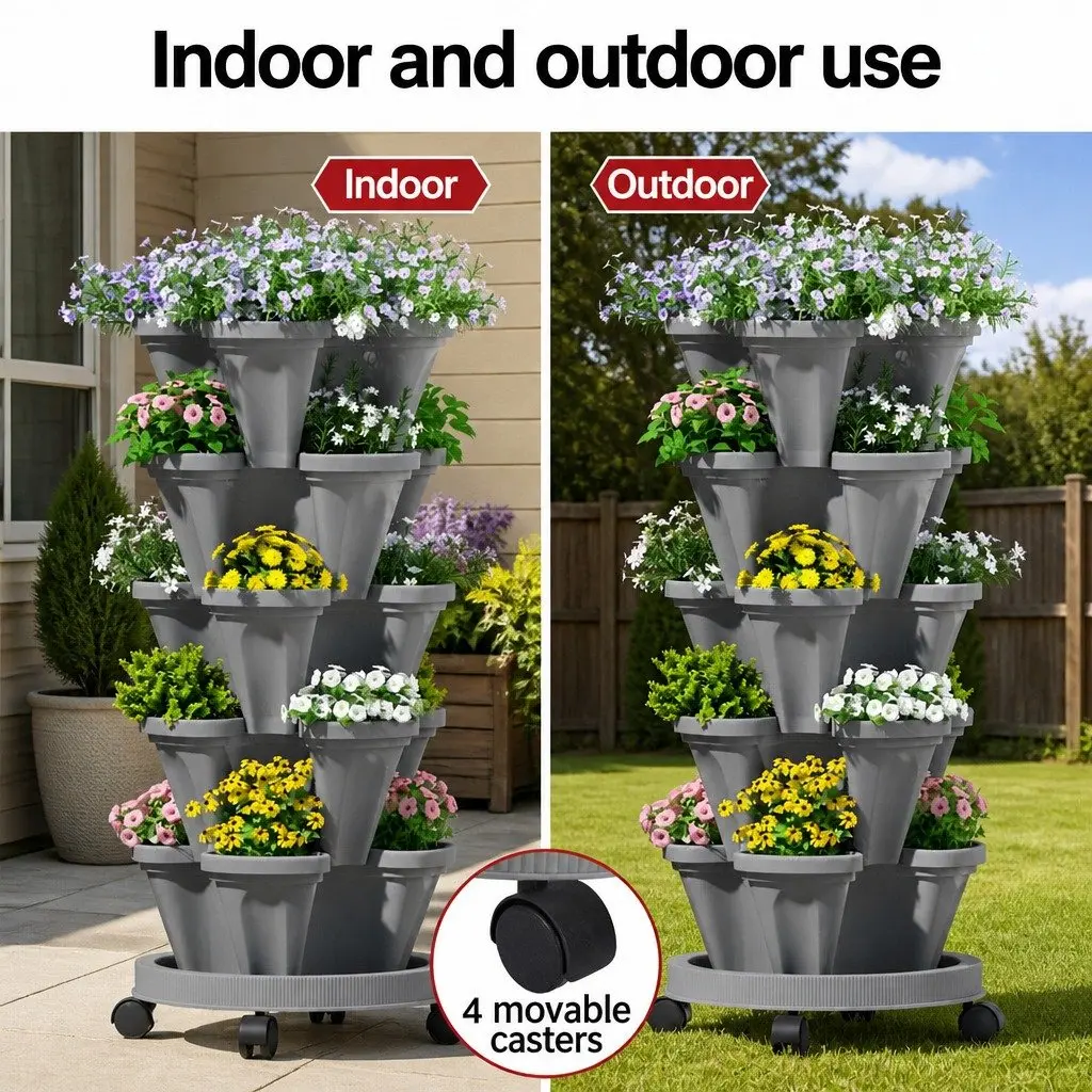 5-Tier Vertical Stackable Garden Planters Plastic 35cm Grey Indoor Outdoor