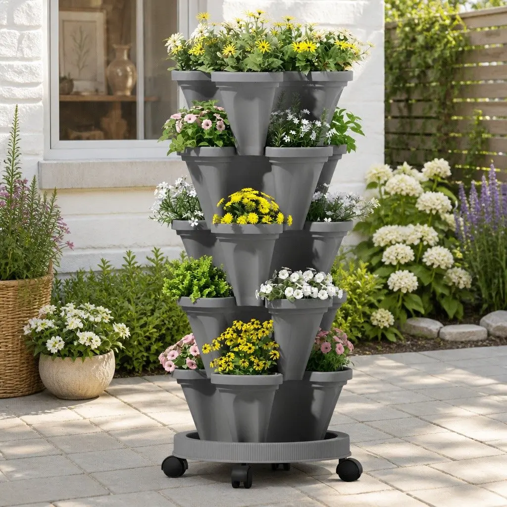5-Tier Vertical Stackable Garden Planters Plastic 35cm Grey Indoor Outdoor