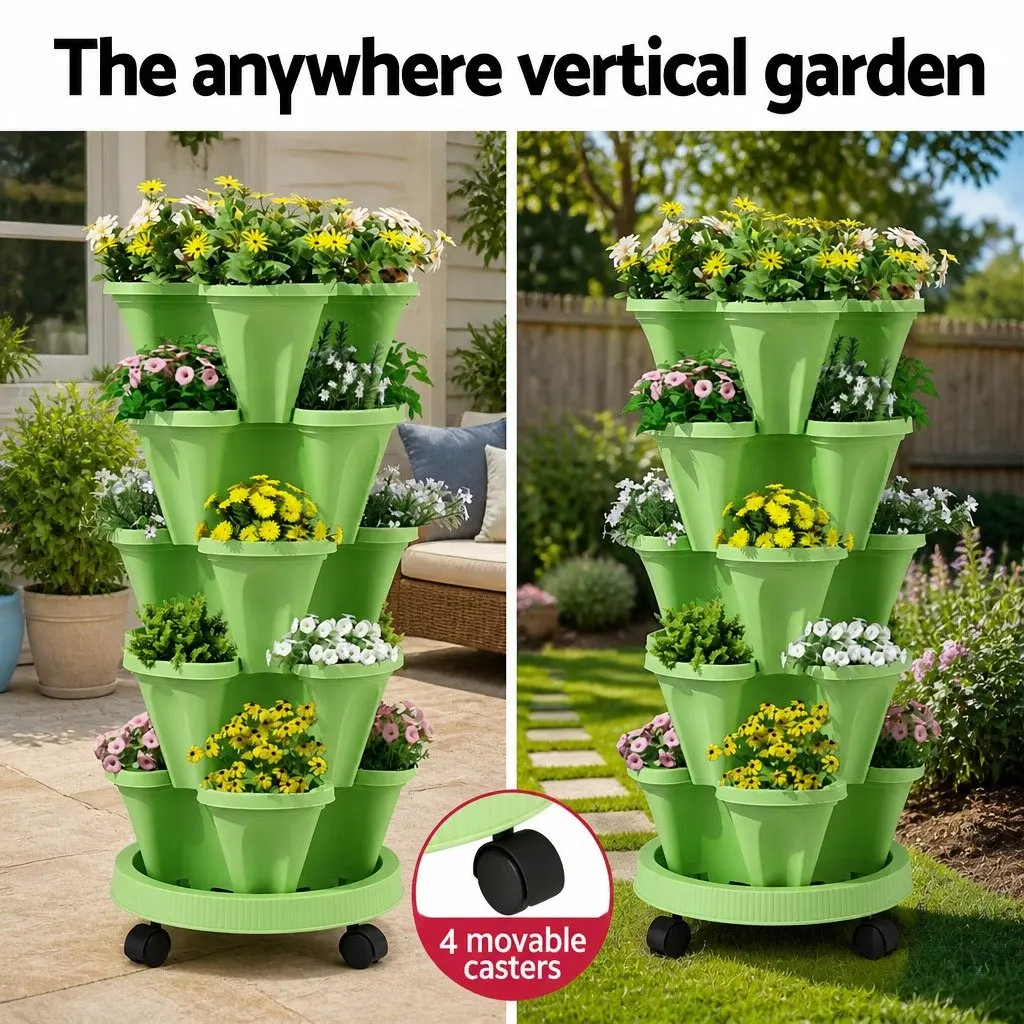 5 Tier Stackable Vertical Garden Planter Plastic Light Green Indoor Outdoor
