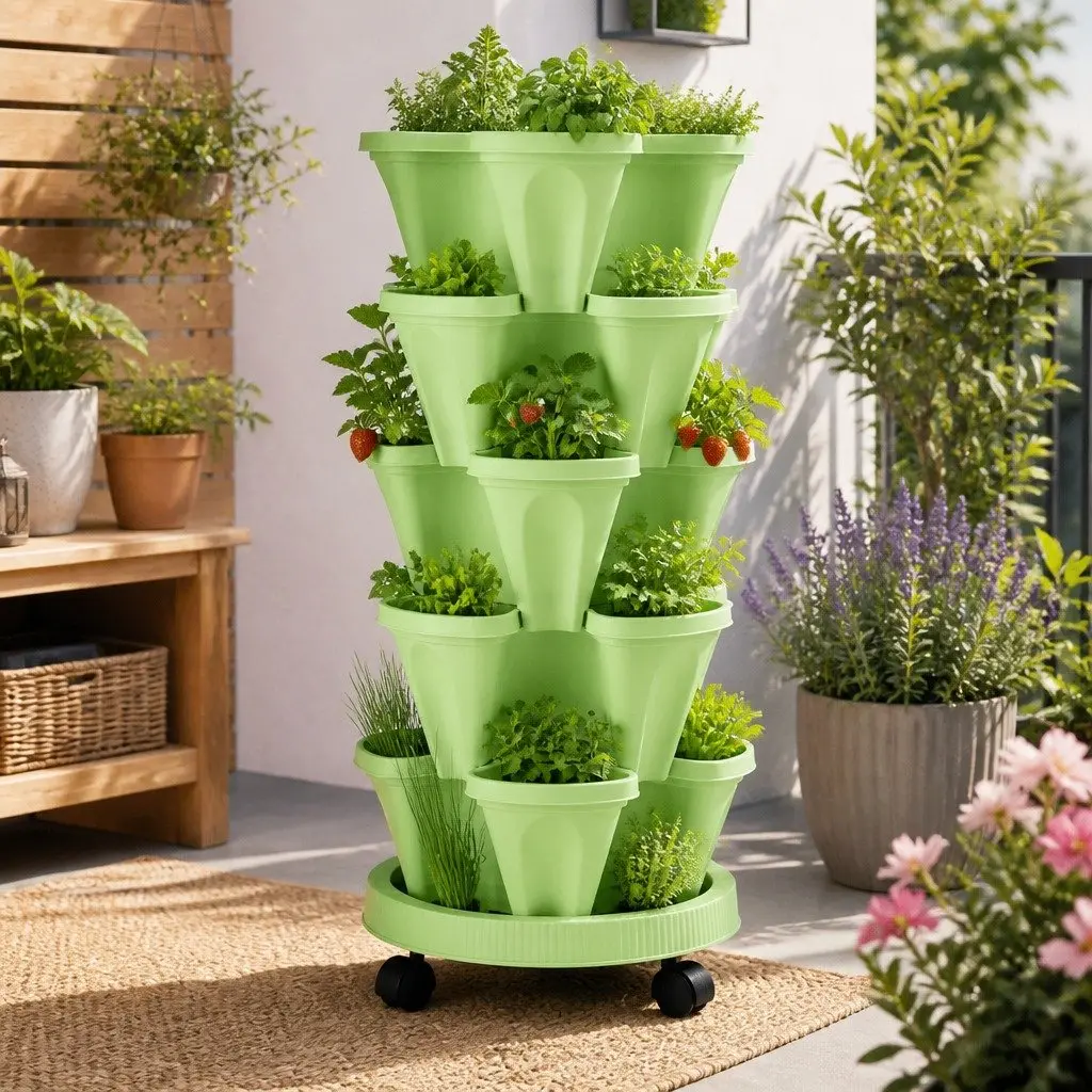 5 Tier Stackable Vertical Garden Planter Plastic Light Green Indoor Outdoor