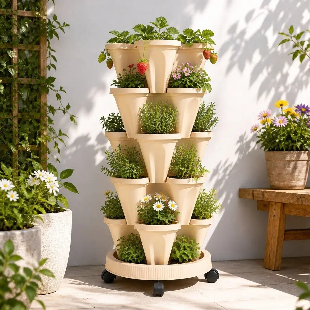 5 Tier Stackable Vertical Garden Bed Planter Plastic 35cm Yellow