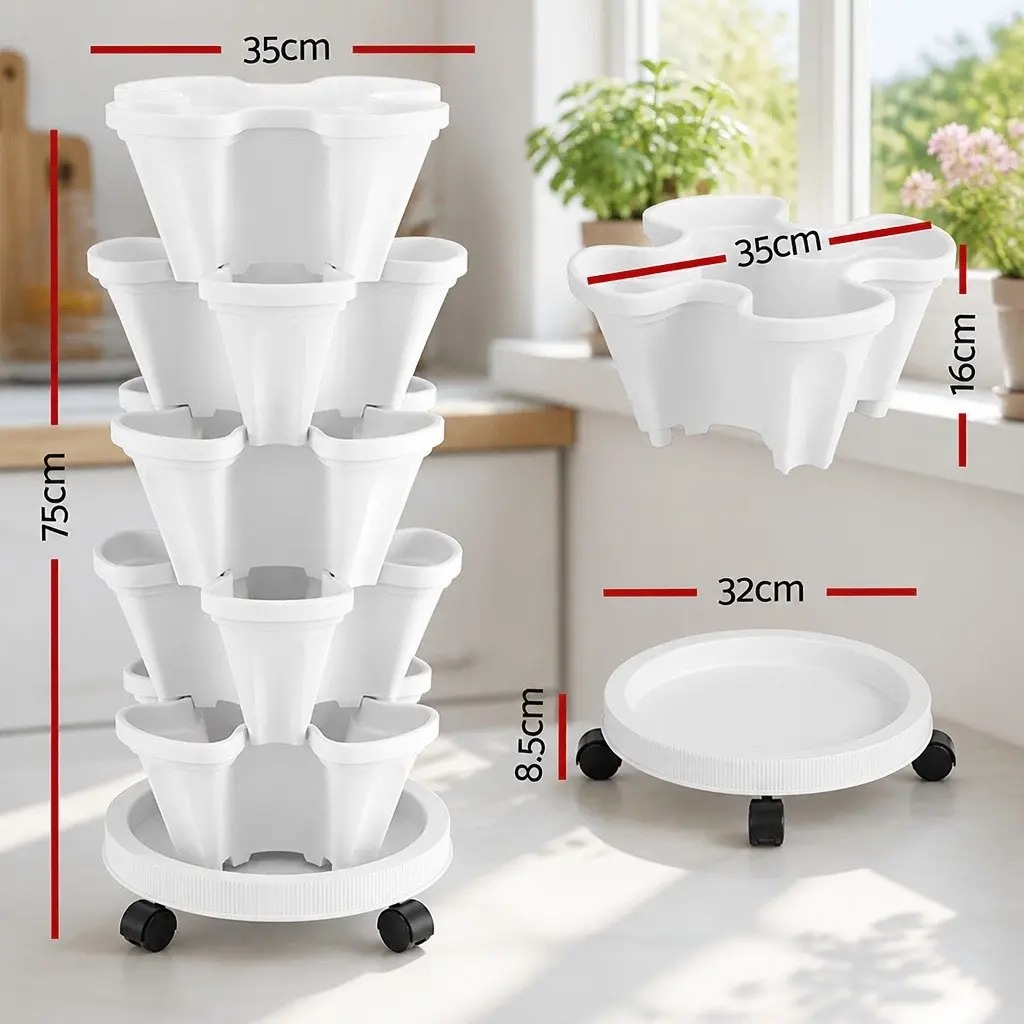 5 Tier Stackable Vertical Garden Planter Plastic White 35cm x 35cm x 75cm