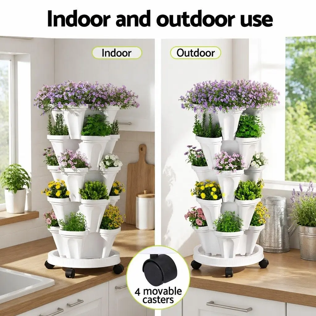 5 Tier Stackable Vertical Garden Planter Plastic White 35cm x 35cm x 75cm
