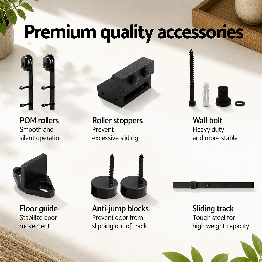 Sliding Door Hardware Track Set Black Steel 1.83m Manual Roller System for Interior Use
