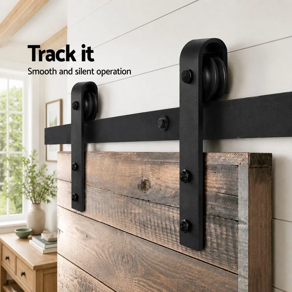 Sliding Door Hardware Track Set Black Steel 1.83m Manual Roller System for Interior Use