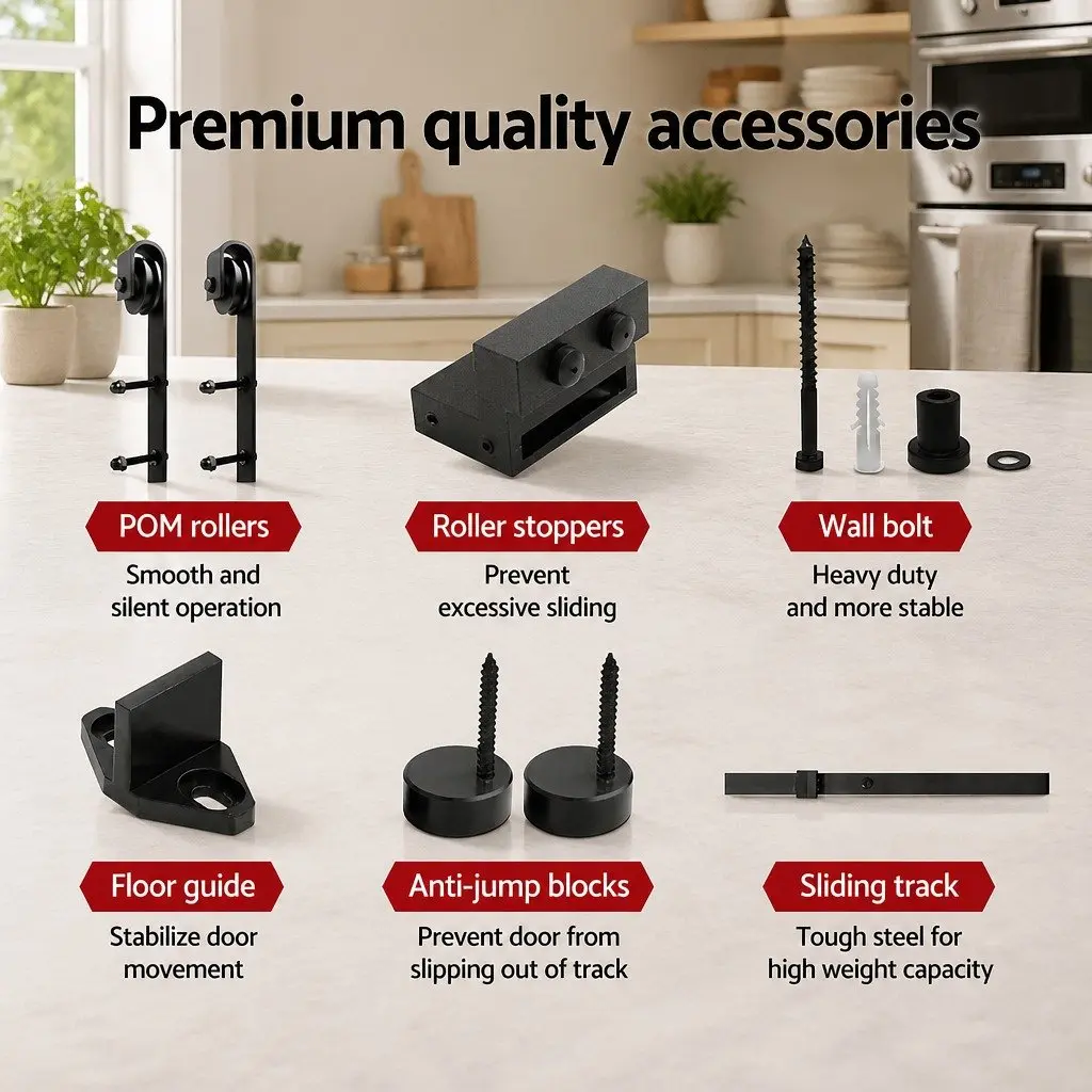 Sliding Door Hardware Track Set Carbon Steel 2.44m White Matte Includes Rollers Guides Stops