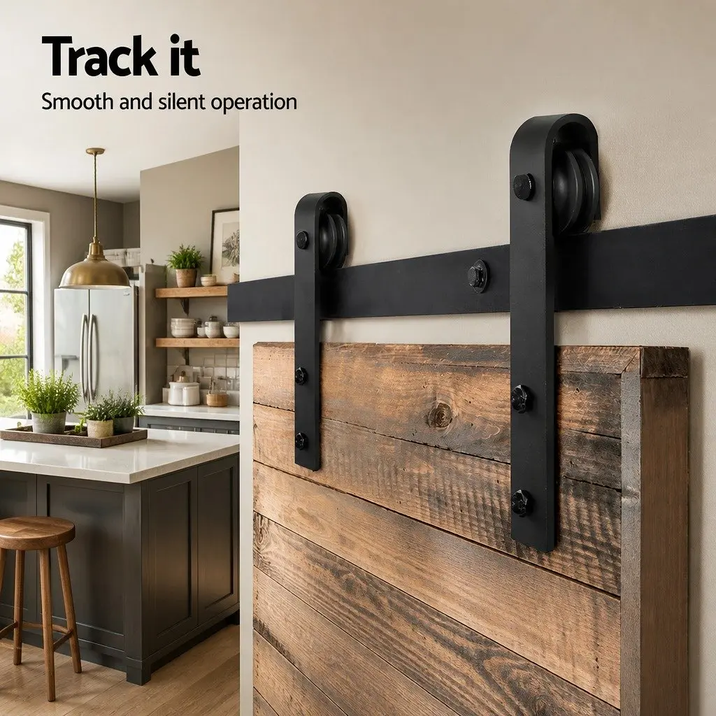 Sliding Door Hardware Track Set Carbon Steel 2.44m White Matte Includes Rollers Guides Stops