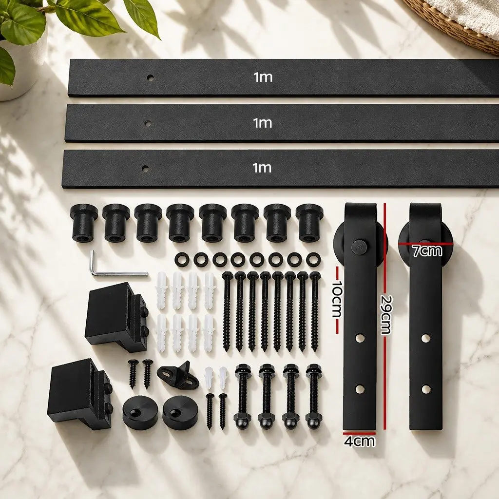 Sliding Door Hardware Set Black Steel 3m Track with Rollers and Floor Guide