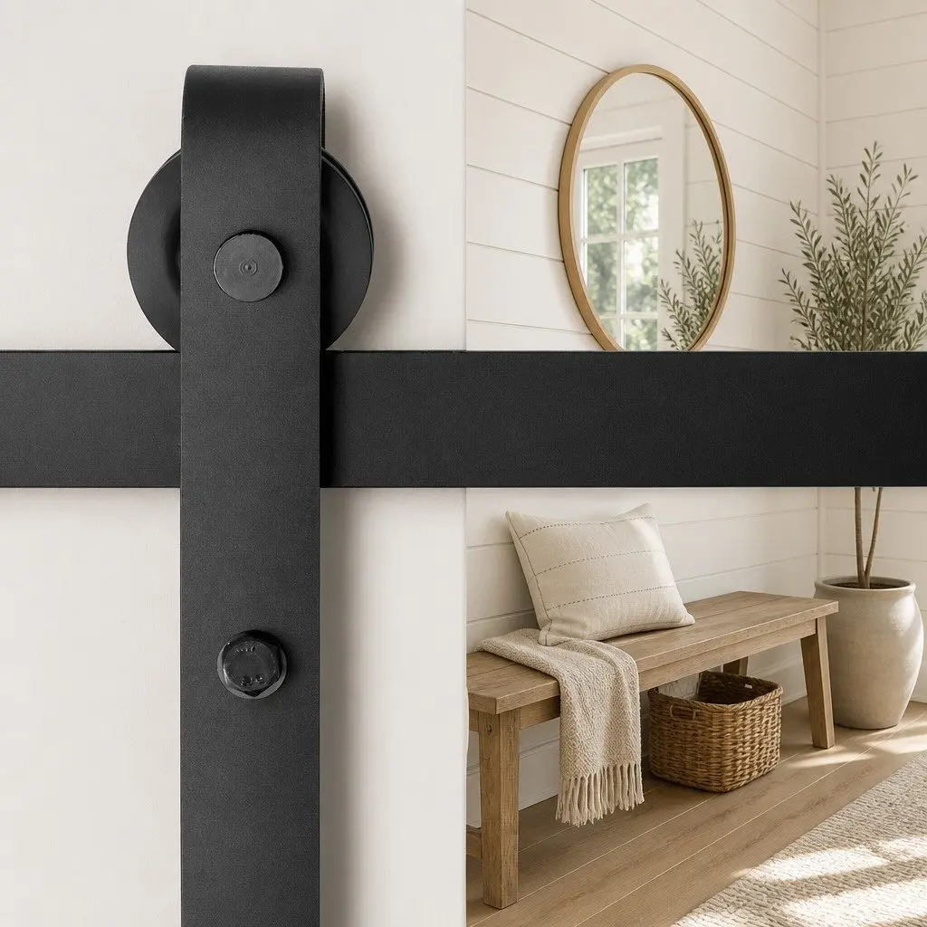 Sliding Door Hardware Set Black Steel 3m Track with Rollers and Floor Guide