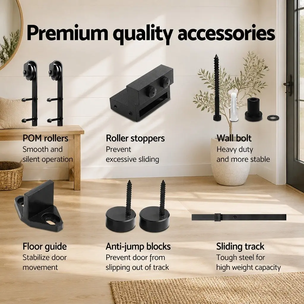 Sliding Door Hardware Set Black Steel 3m Track with Rollers and Floor Guide