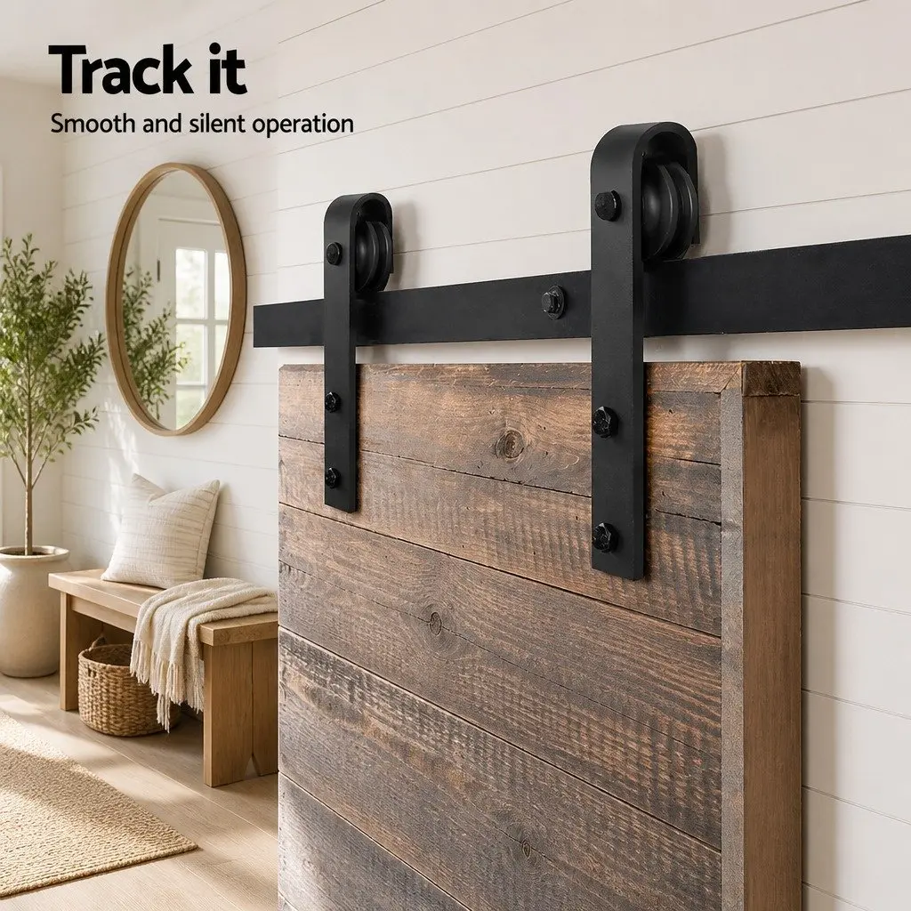 Sliding Door Hardware Set Black Steel 3m Track with Rollers and Floor Guide