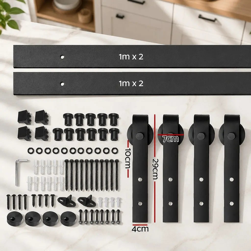 Sliding Door Hardware Kit Black Steel 4M with Rollers Floor Guide for Timber or Hollow Core Door Installation