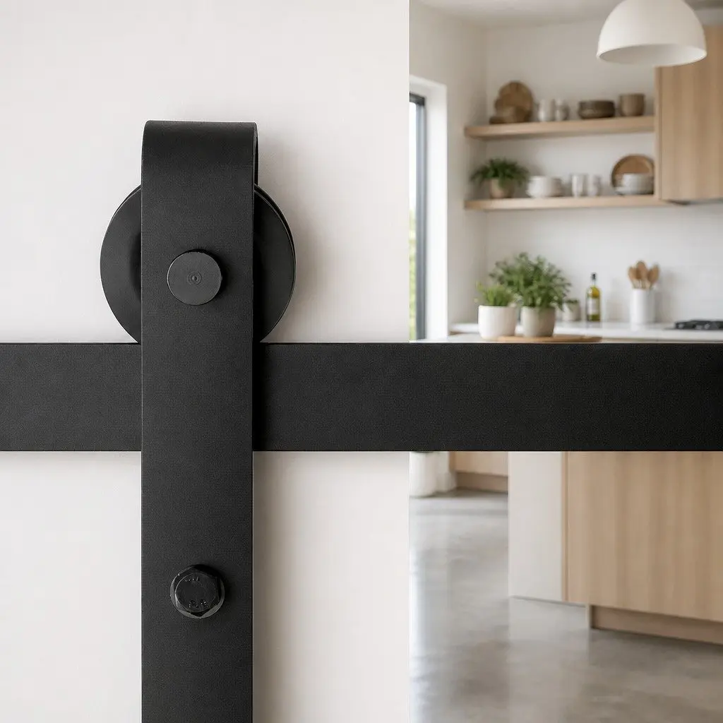 Sliding Door Hardware Kit Black Steel 4M with Rollers Floor Guide for Timber or Hollow Core Door Installation