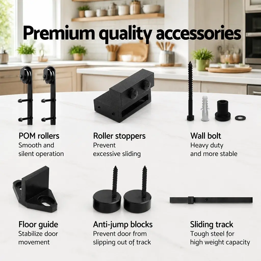 Sliding Door Hardware Kit Black Steel 4M with Rollers Floor Guide for Timber or Hollow Core Door Installation