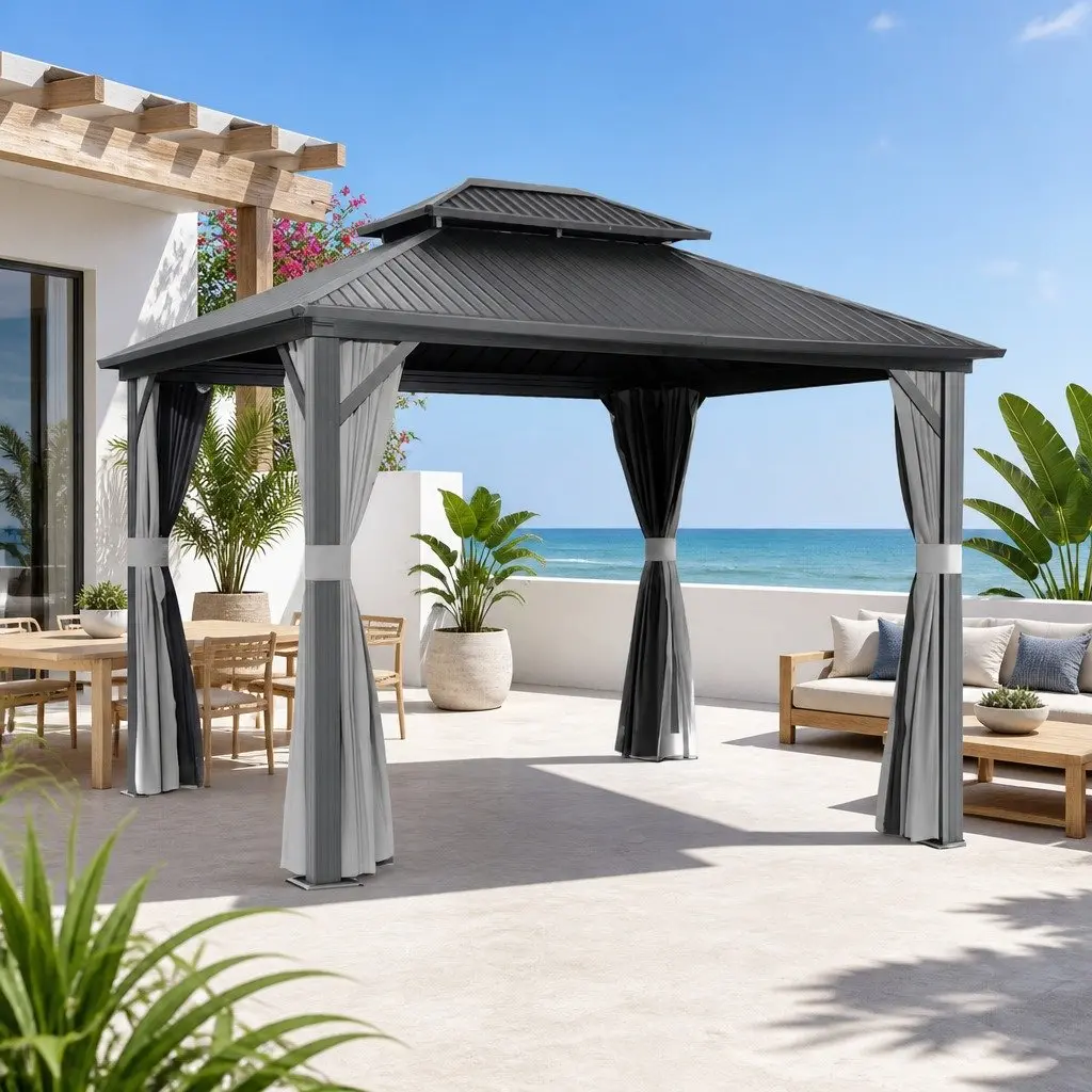 Outdoor Gazebo 3x3.65m Canopy Patio Tent with Steel Frame and Grey Polyester Roof and Mesh Curtains