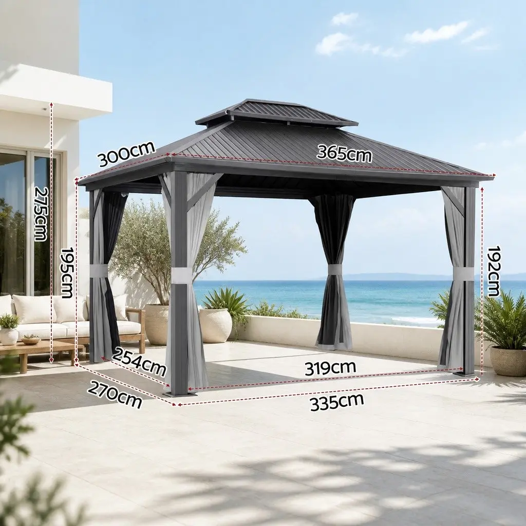 Outdoor Gazebo 3x3.65m Canopy Patio Tent with Steel Frame and Grey Polyester Roof and Mesh Curtains