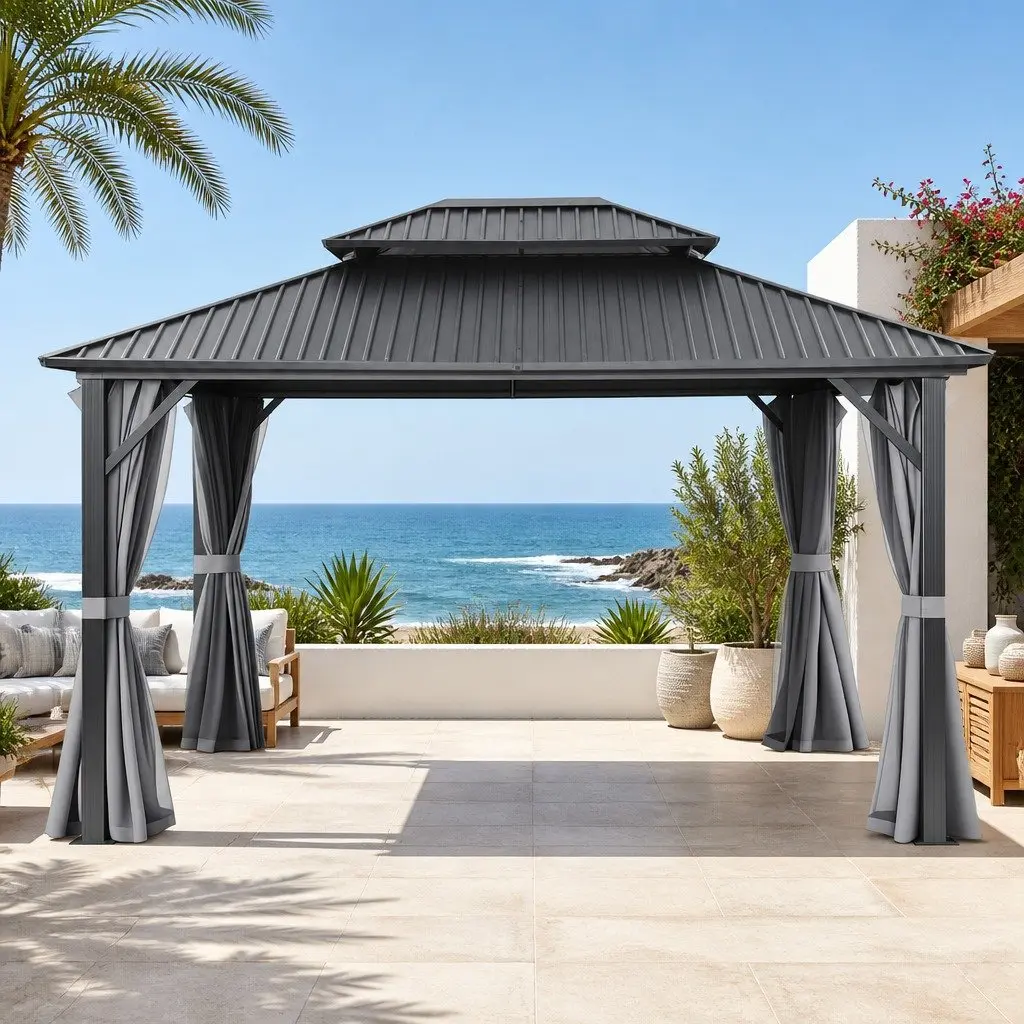 Outdoor Gazebo 3x3.65m Canopy Patio Tent with Steel Frame and Grey Polyester Roof and Mesh Curtains